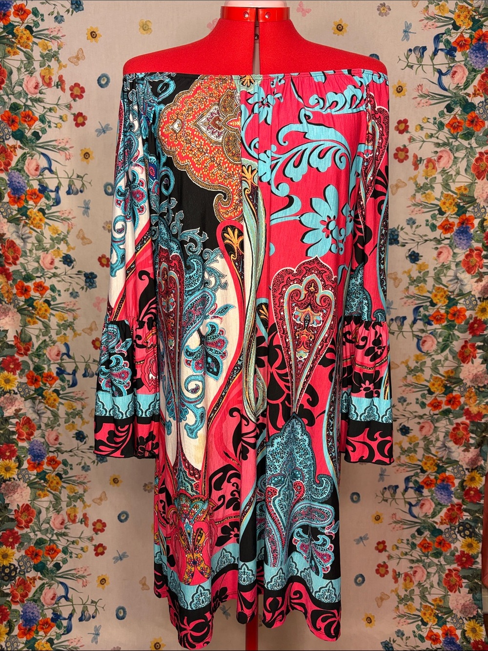 On or Off-Shoulder Midi Dress in Berry Paisley Print